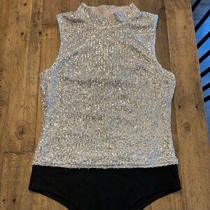 NWT Seven for All Mankind: Silver Sequin Mockneck Bodysuit, sz Large